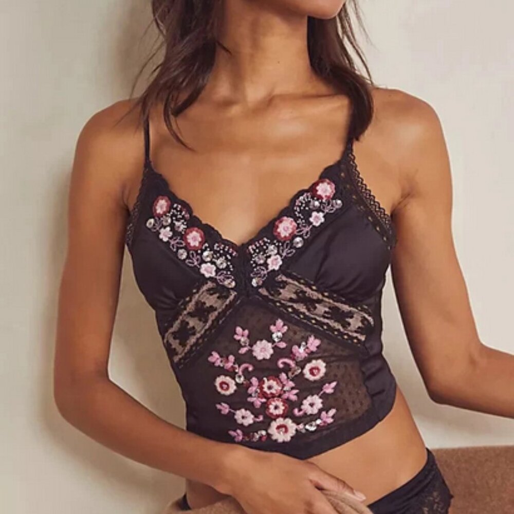 Free People Black Lace Floral Embroidered Tank